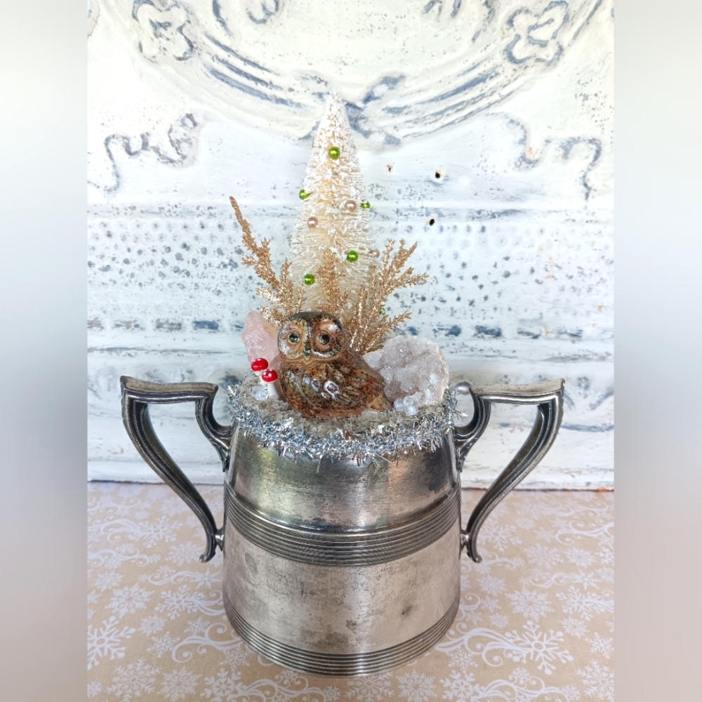 Holiday Decor Vintage Owl Crystals Mushrooms Christmas Nature Witchy